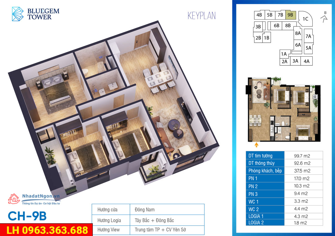 BÁN NHANH CĂN TRỤC 09B TẦNG TRUNG BLUEGEM – 95m² – 3PN VUÔNG VẮN – VIEW THÀNH PHỐ – GIÁ 6,55 TỶ