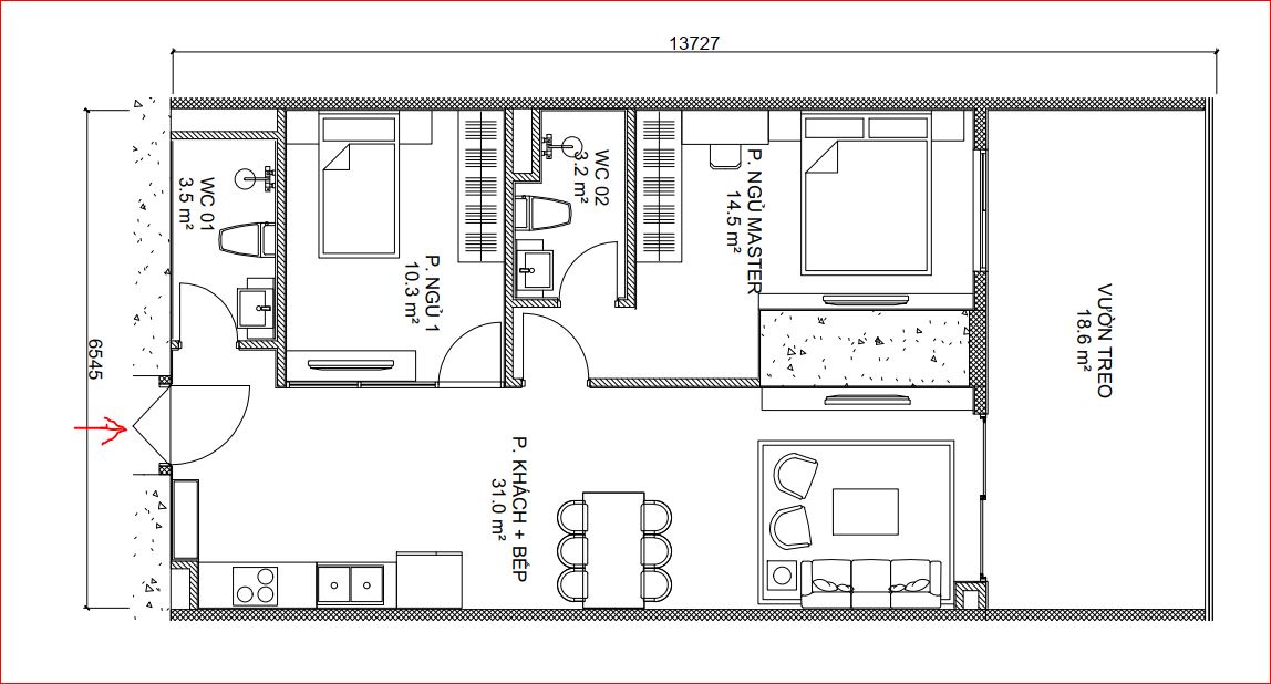 Mẫu căn 2 phòng ngủ A02 Sân Vườn