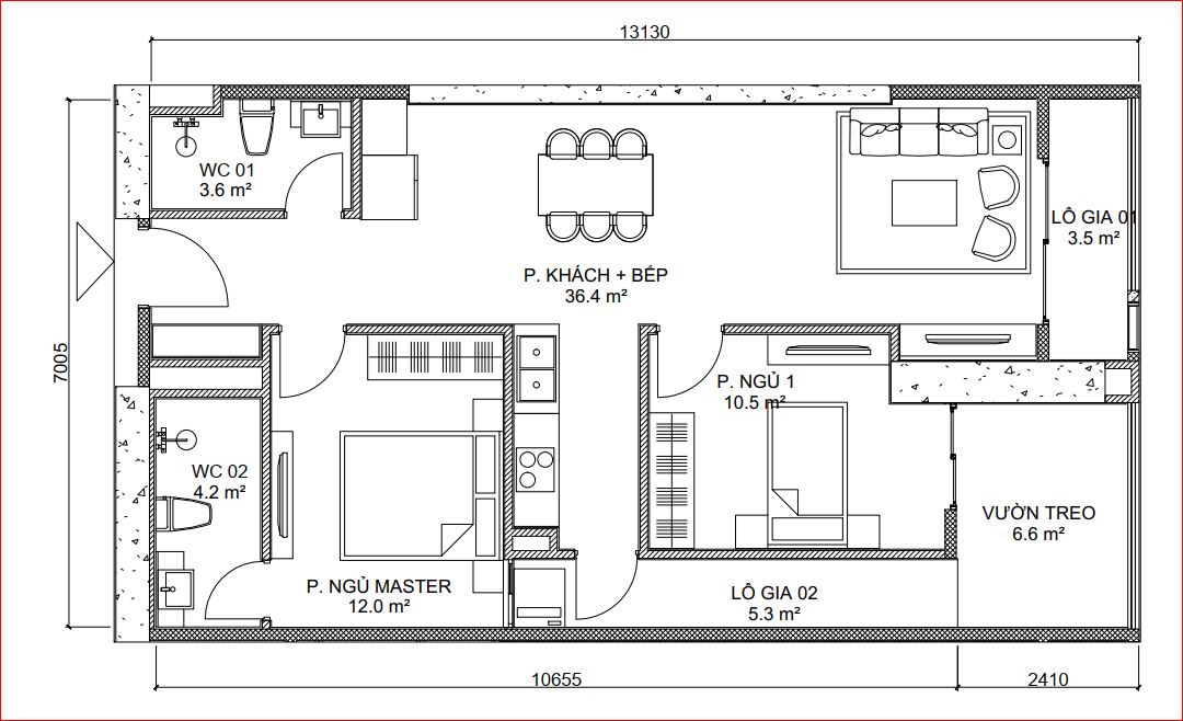 Mẫu 2 phòng ngủ có PN vườn treo