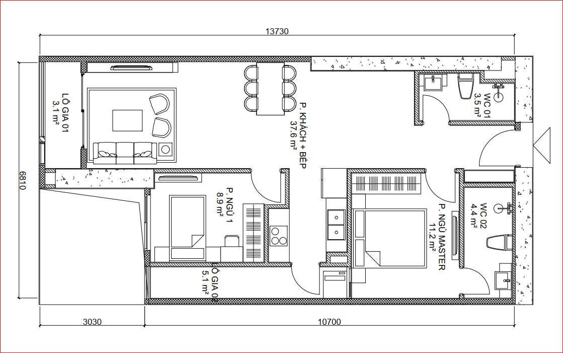 Mẫu căn 2 phòng ngủ A03 – A10 – A12