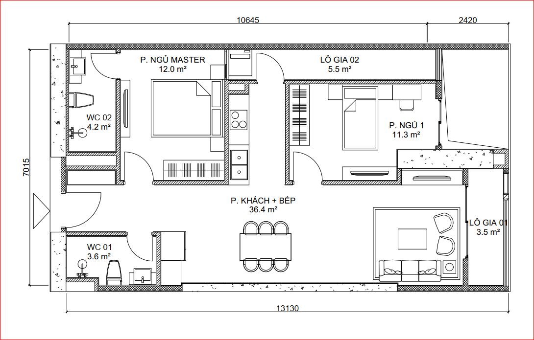 Mẫu căn 2 phòng ngủ A06 – A07 – A15 – A16