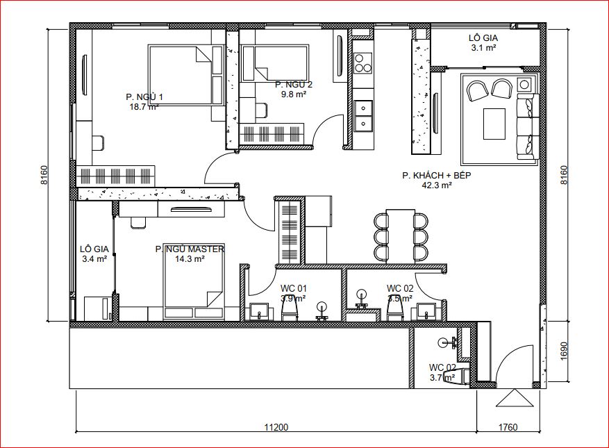 Mẫu căn 3 phòng ngủ 104 m2