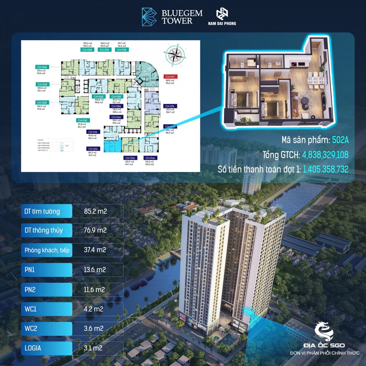giá căn hộ 2 phòng ngủ BlueGem cầu Tứ Hiệp 5