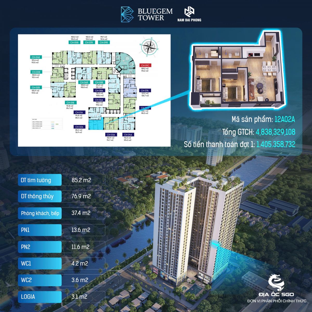 giá căn hộ 2 phòng ngủ BlueGem cầu Tứ Hiệp 7