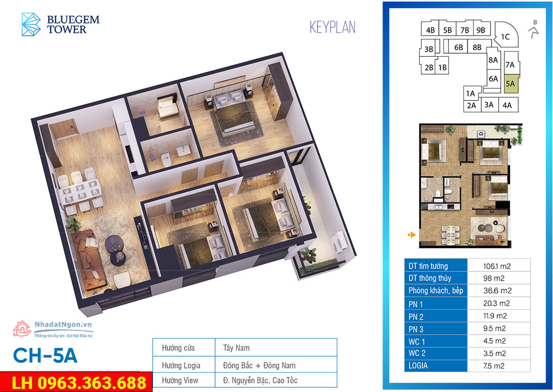 Căn hộ BlueGem 3 phòng ngủ 1 LG