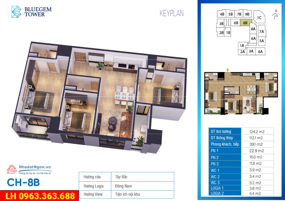 Căn hộ BlueGem 3 phòng ngủ 2 LG 3VS