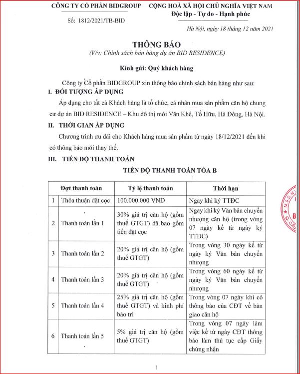 Chính sách Chung Cư Bid Residence Văn Khê tháng 2 năm 2022-1